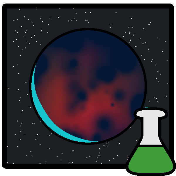 A simplified drawing of K2-18b, a dark blue planet with a light horizon and red clouds, with a background of stars, in a frame with a green beaker in the corner.